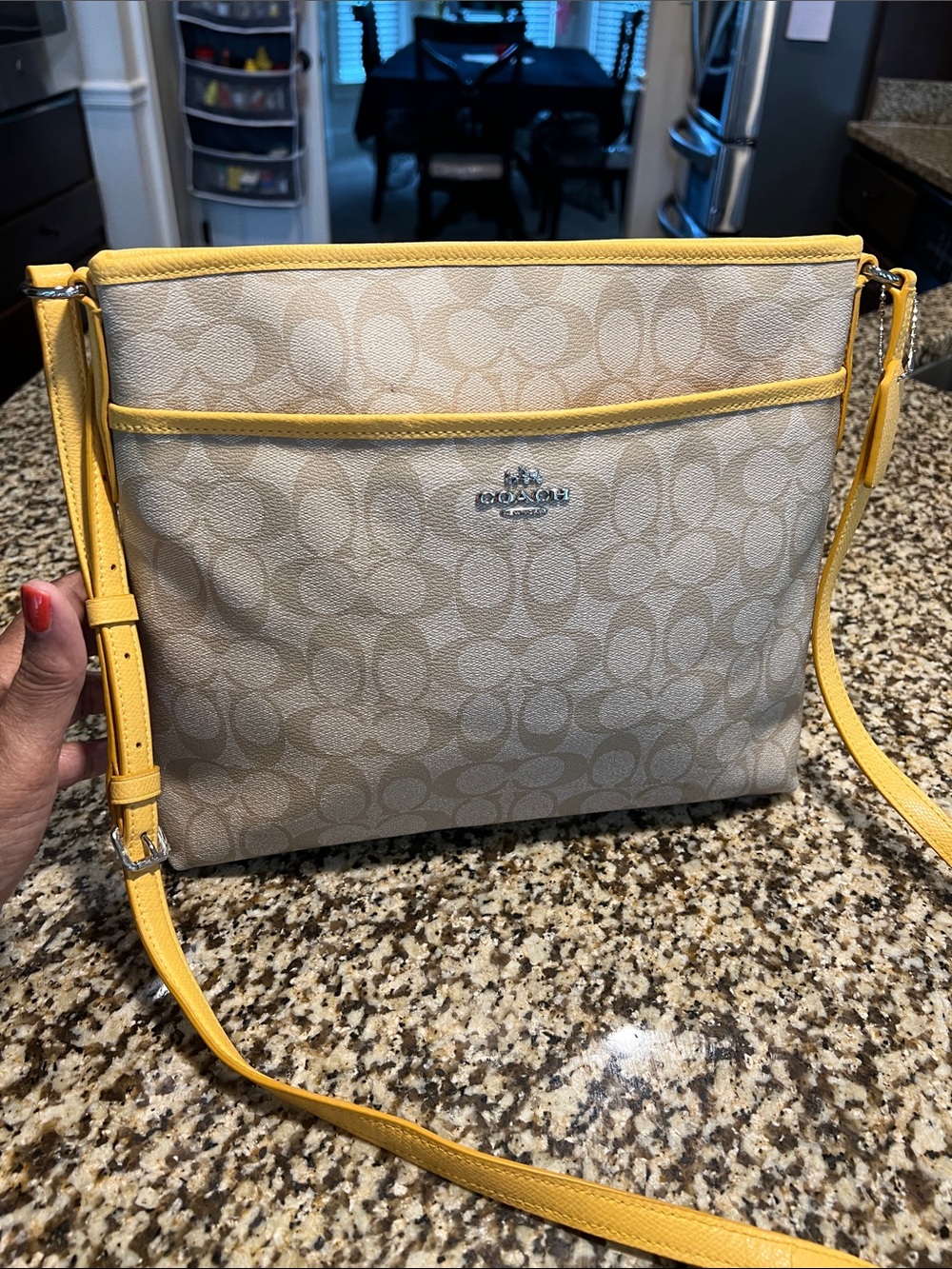 Coach Beige Signature Canvas Crossbody with Yellow Trim